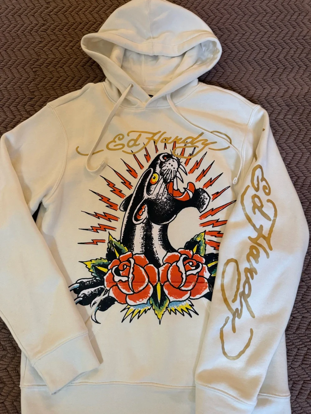 Ed Hardy White Hoodie with Black Panther and Orange Rose Graphic